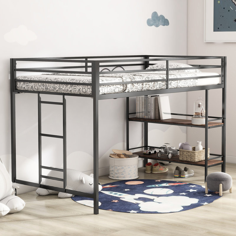 Lit mezzanine simple - structure en métal noir avec tablette, assemblage facile, silencieux, coffre-fort pour chambre à coucher, tablette fonctionnelle superposée sans sommier