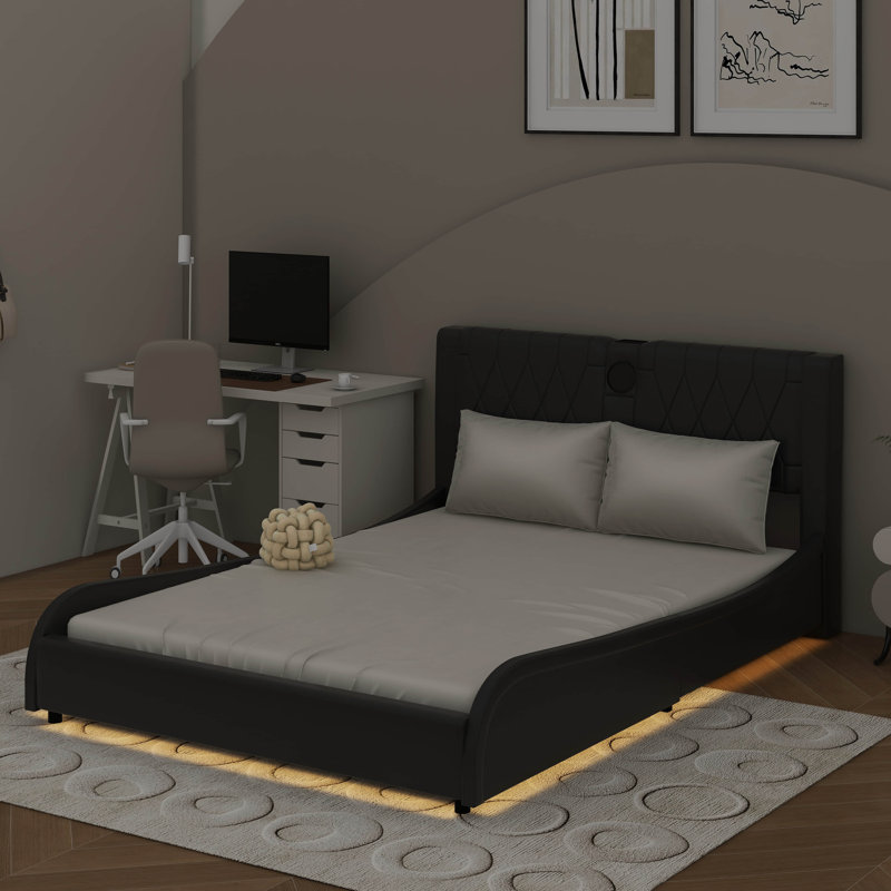 Lit plateforme tapissier luxueux en similicuir avec tête de lit épaisse, haut-parleurs Bluetooth et lumière DEL RVB, Noir
