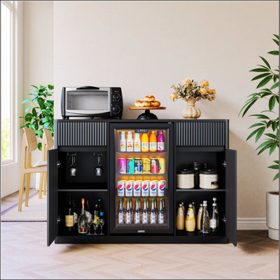 53.2 Inch Fluted Buffet Wine Cabinet with Mini Fridge Nook, Charging Station, and Adjustable Shelves for Versatile Storage and Display