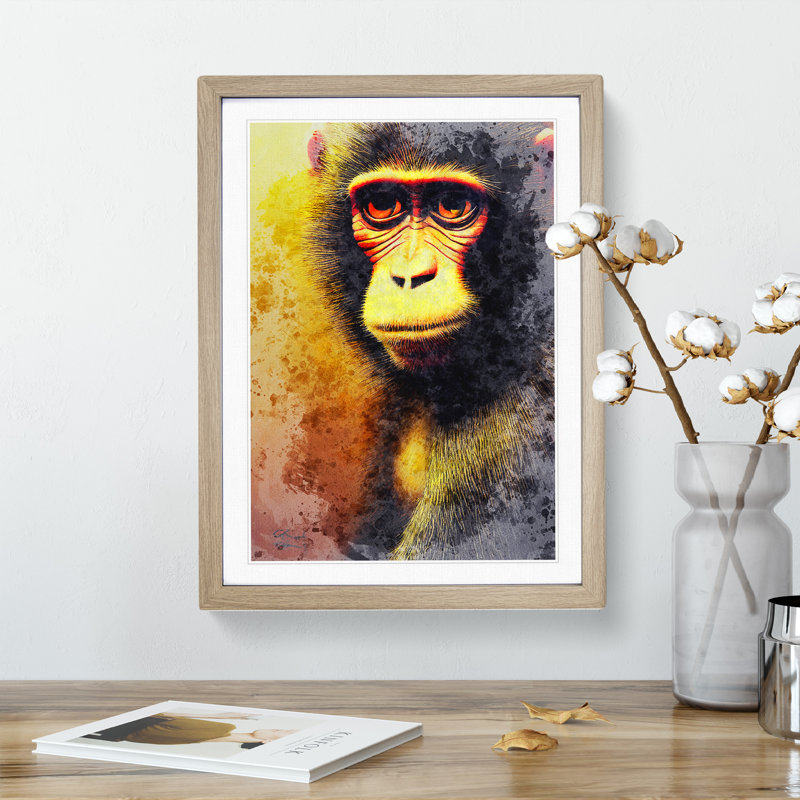 XV1022-5149X Monkey No.1 - Single Picture Frame Painting, 34cm H x 25cm W x 2cm D, Oak