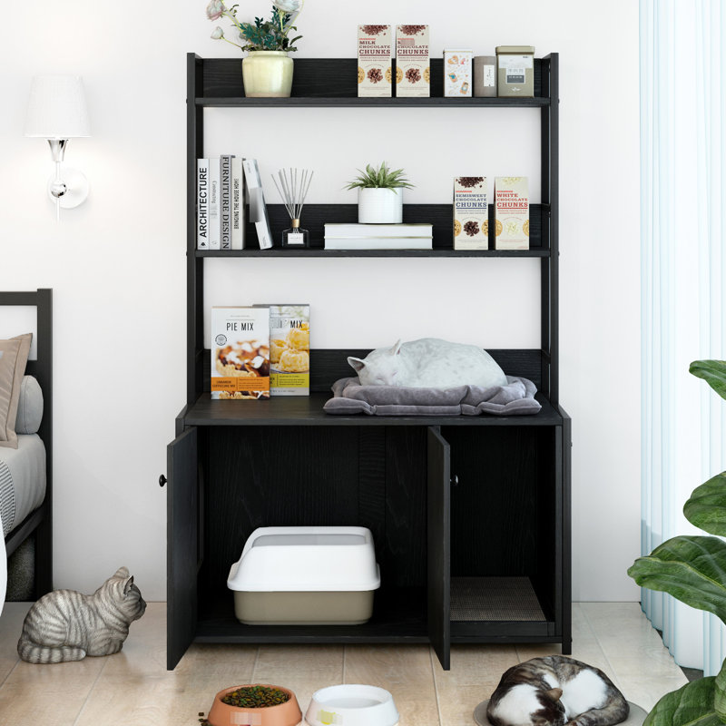 Grand bac à litière avec rangement pour tablette, salle de bain pour chat caché, maison pour chat en bois avec patin à griffes, armoire pour chat robuste