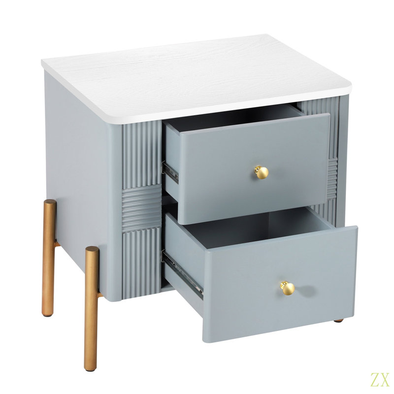 Table de chevet moderne avec 2 tiroirs de rangement, table de chevet cannelée avec poignées et pieds en métal, table de bout pour le salon et la chambre à coucher, assemblage facile