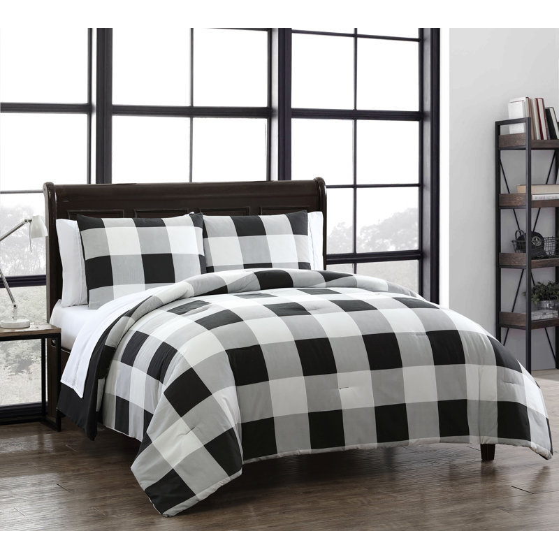 Ensemble d'édredon réversible tissu écossais Buffalo, Édredon simple + 4 pièces supplémentaires, Noir