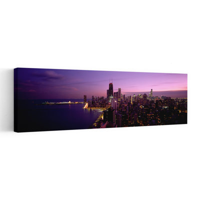 Buildings Lit Up At Night Chicago Illinois USA 1 Piece Wrapped Canvas Panoramic Wall Art