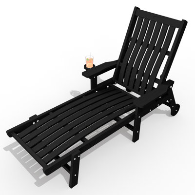Outdoor HDPE Adjustable Reclining Chaise Lounge Chair With Wheels & Cup Holder in Black