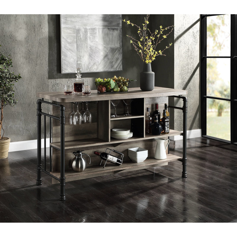Îlot de cuisine en chêne antique et gris sablé avec 5 tablettes, offrant suffisamment de rangement pour les bouteilles et les verres, table de cuisine à 5 tablettes avec pieds en métal et pieds de table stables, verres de grande capacité