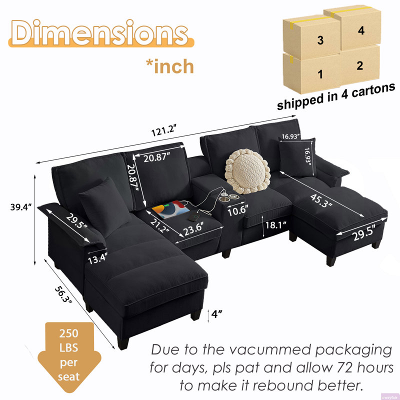 Canapé modulaire en velours côtelé avec rangement pour porte-gobelets Naomi, Velours côtelé noir