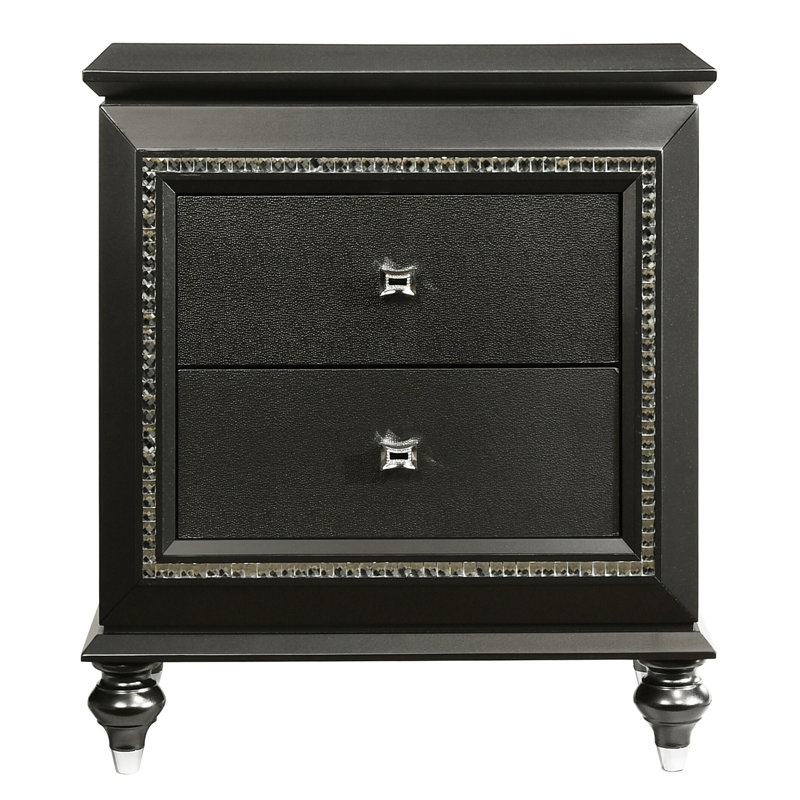 Table de chevet gris métallique avec deux tiroirs spacieux - Dispositifs de rangement de chambre à coucher modernes et garniture scintillante glamour
