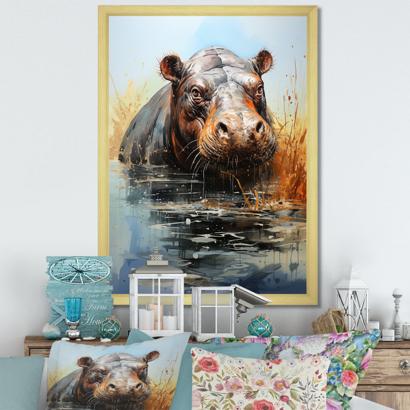 Gris majestueux Hippo Elegance V - art mural hippopotame, Cadre doré simple, H 32 po x l 16 po x P 1 po