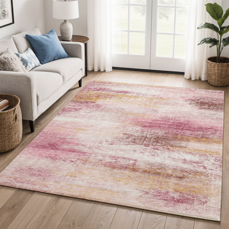 Tapis abstrait lavable à la machine de qualité supérieure Mayfield AMF2402, Rosé, 9 pi x 12 pi