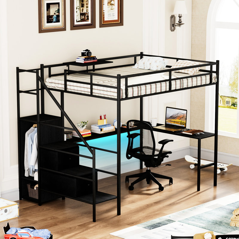 Lit mezzanine double en métal avec bureau en forme de L, lumières à DEL et conception spacieuse - berceau de charge spacieux, configuration de chambre à coucher pratique et efficace