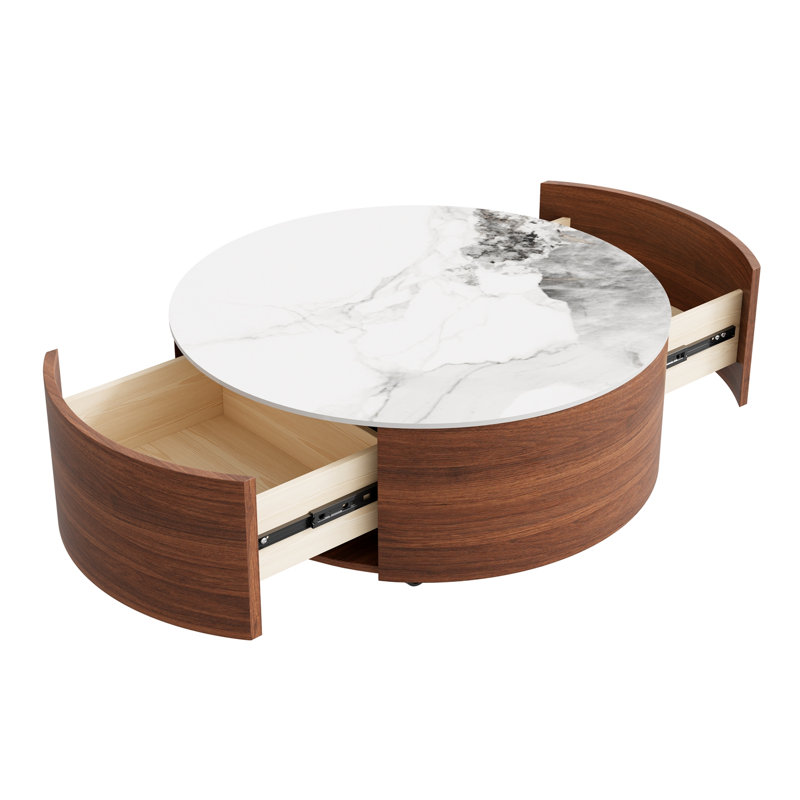 Table basse ronde mobile avec roulettes et 2 tiroirs, Walnut