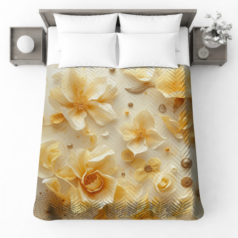 Couvre-lit matelassé à fleurs dorées en papier toutes tailles, Lit simple