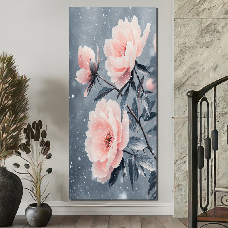 Pivoines au vent d'hiver II - pivoines, art mural, H 60 po x l 28 po, Toile tendue, Ne s’applique pas