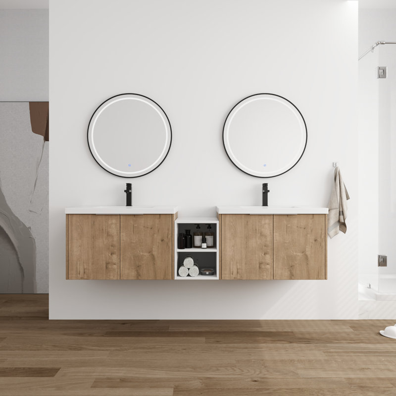Meuble-lavabo double avec comptoir en résine, Beige, 72"