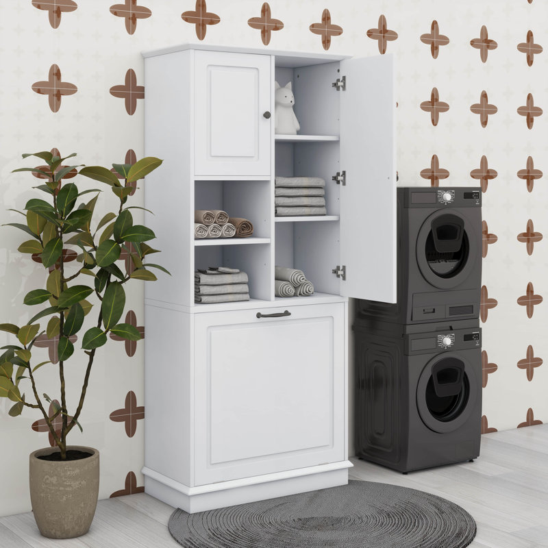 Storage Cabinet With Adjustable Shelves And Flip-Out Basket, White