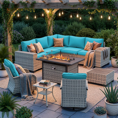 10-Piece Outdoor Patio Sectional Conversation Set With Fire Pit Table And Swivel Rocker Chairs