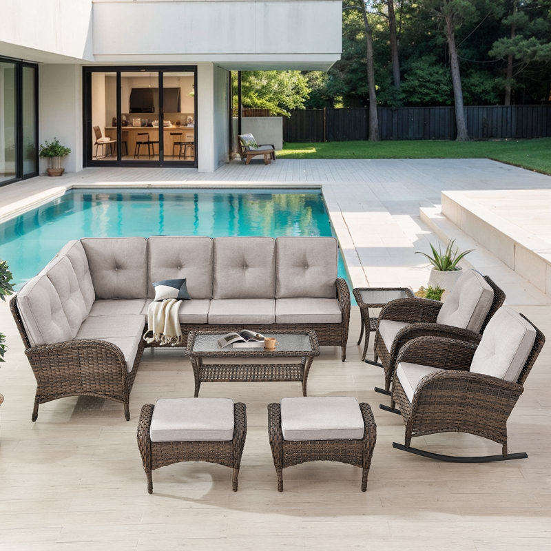  Valierius Outdoor Sectional Sofa Set With Rocking Chairs, Ottomans, PE Wicker, Water-Resistant Cushions, Beige