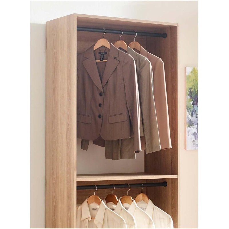  32 Inch Oak Wood Modular Walk in Closet System with Two Hanging Rods Included, Oak Wood