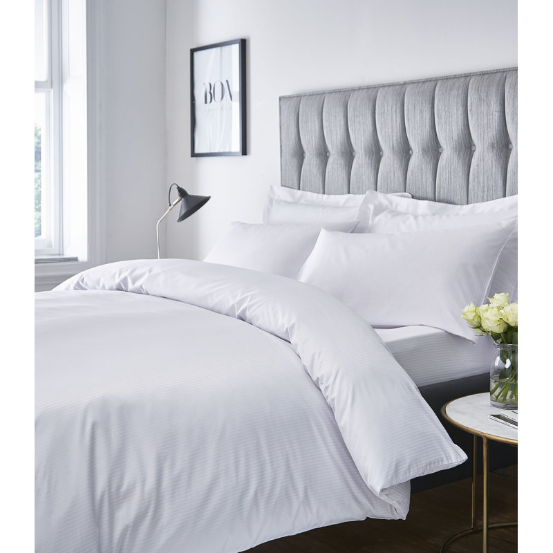 Satin Stripe 300 Thread Count Duvet Cover Set with Pillowcases, White, Super King Duvet Cover + 2 Standard Pillowcases