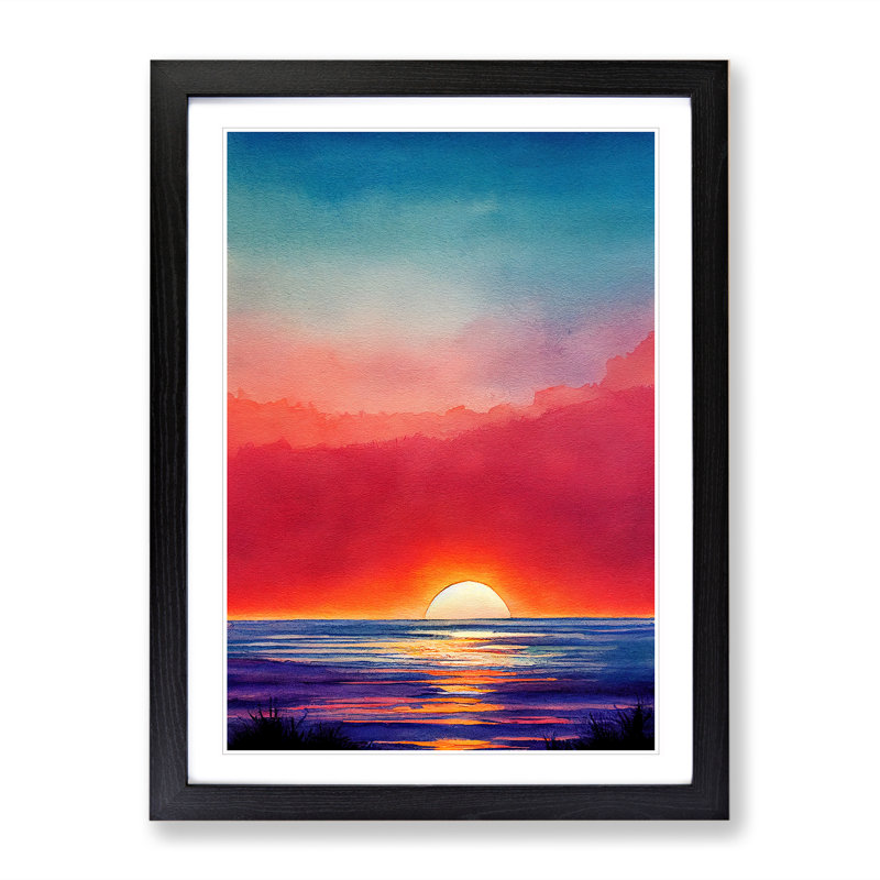 Ocean Sunset In Watercolour No.1 - Framed Print, Black, 64cm H x 46cm W x 2cm D