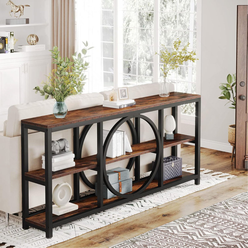 Console très longue de 70,9 po, canapé à 3 niveaux avec cadre circulaire unique, table de couloir d'entrée industrielle rustique, rangement de salon étroit derrière le canapé, brun rustique et noir