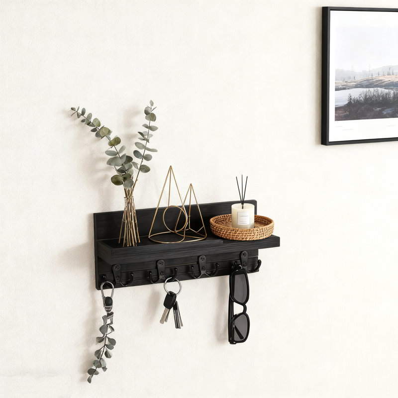 Porte-clés mural avec 4 crochets doubles et tablette de rangement, organisateur d'entrée en bois naturel pour les clés, le courrier et les articles essentiels, installation facile pour le couloir, la cuisine ou le bureau
