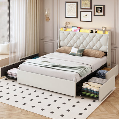 Upholstered Bed Frame With 4 Drawers & Tufted Storage Headboard, Storage Platform Bed With LED Lights And Charging Station, Noise‑Free, No Box Spring Needed