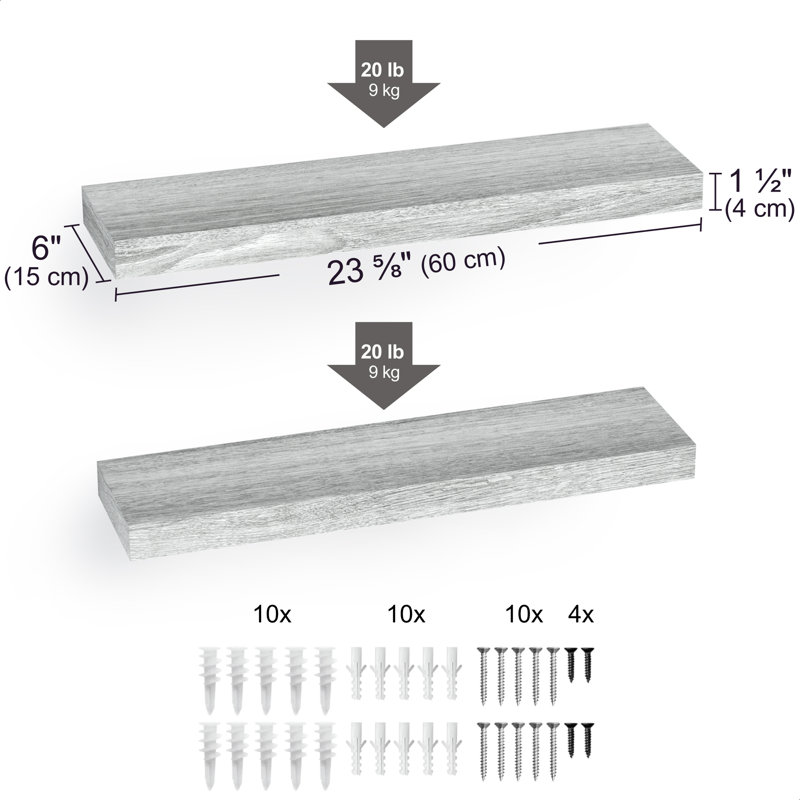 Sydney 24" W x 6" D Floating Shelves Set with Invisible Wall Mount Brackets, Grey