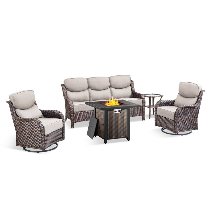 Polygala 5-Piece All-Weather Outdoor Wicker Patio Square Metal Fire Pit Table Conversation Set With Swivel Gliders And Side Table