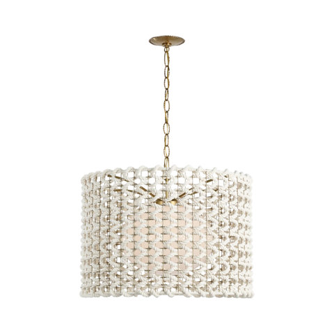 Drum chandelier with a woven white rope shade and a gold-tone metal chain and canopy.