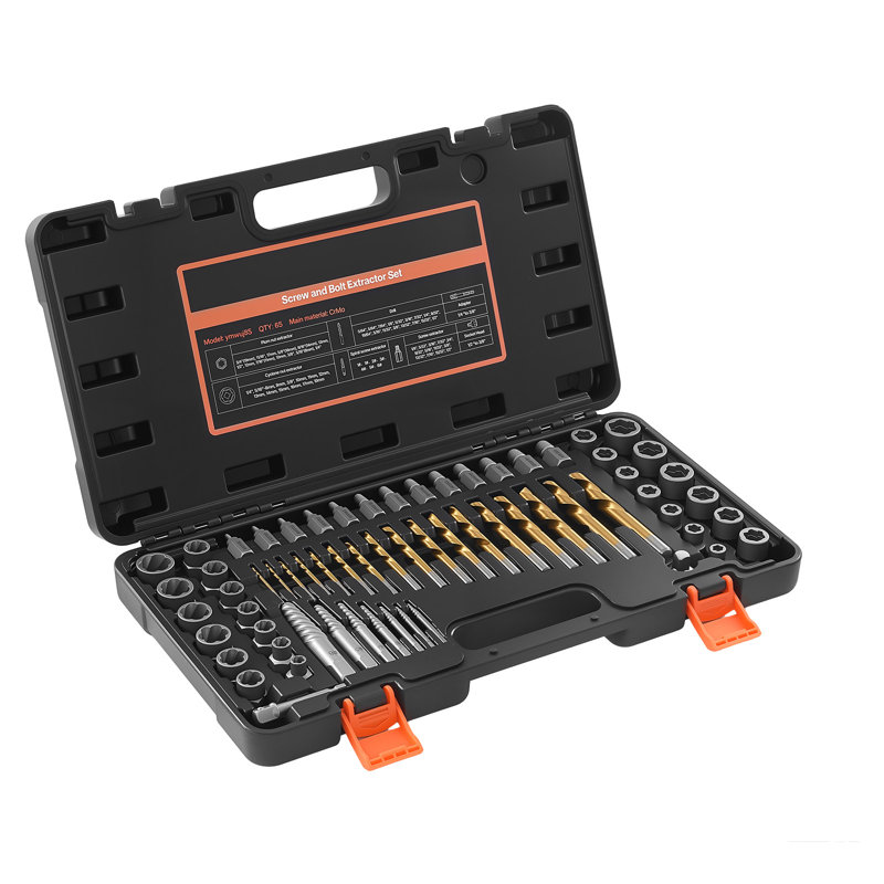Coffret extracteur de vis avec forets, 65 pièces, extracteurs de vis et boulons faciles à retirer, avec adaptateurs, coffret de rangement robuste, acier Cr-Mo pour retirer les fixations arrondies, cassées ou endommagées.