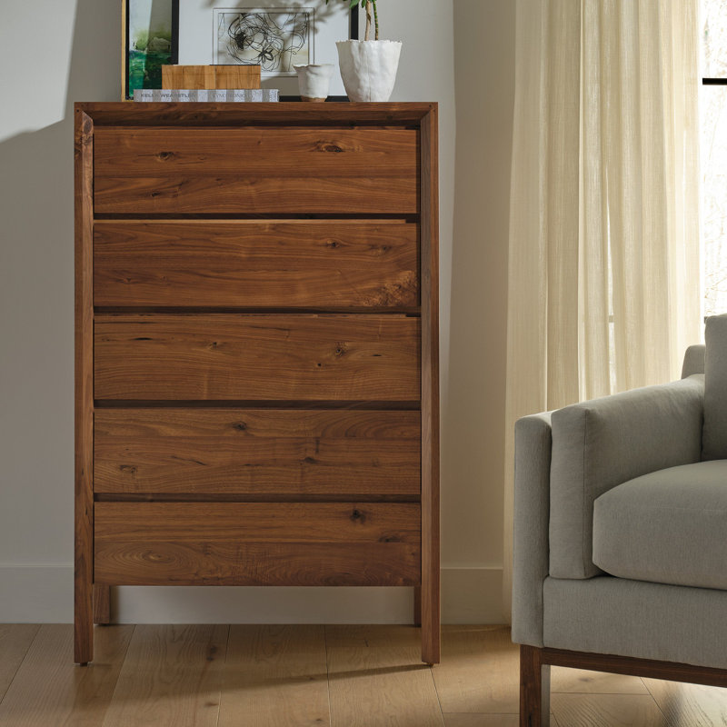 Stickley Saranac Tall Chest, Dresser, Solid Rustic Walnut, Sustainable Construction, 5 Drawers, Finger Pulls, 33in W x 20in D x 51in H, Made in USA