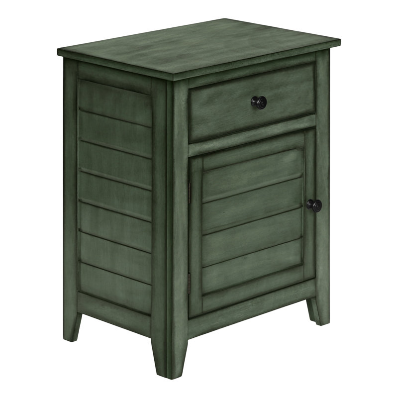 Table d'appoint, table de chevet, tiroir de rangement, bout, table d'appoint, chambre à coucher, lampe, rangement, placage vert antique, transitionnel