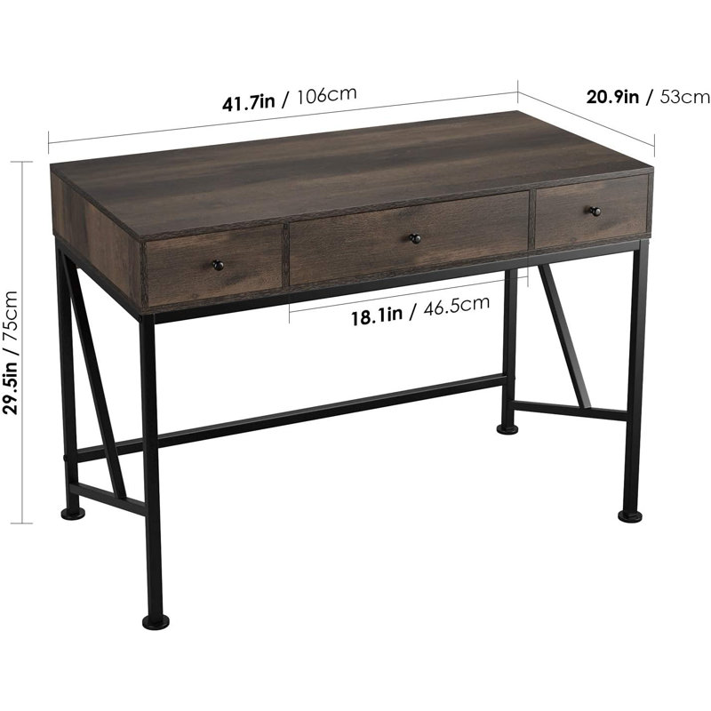 Spickard 41.7" Wooden Desk With Drawers, Wood Storage Desk with Metal Frame, Dark Brown