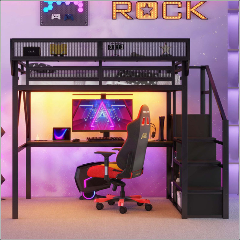Metal Loft Bed with Desk & Charging Station, RGB LED Lights, Stair Storage, Upper Shelves & Built-In Wardrobe for Kids & Teens