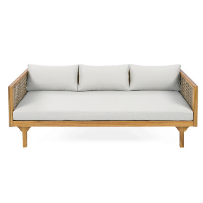 67.5" Outdoor Patio Daybed Sofa Bed, Acacia Wood Frame, Rattan Arms, Cushion & Pillow