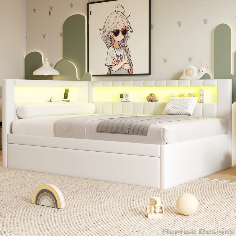 Upholstered Platform Bed with USB Ports and LED Belt, With Trundle, White