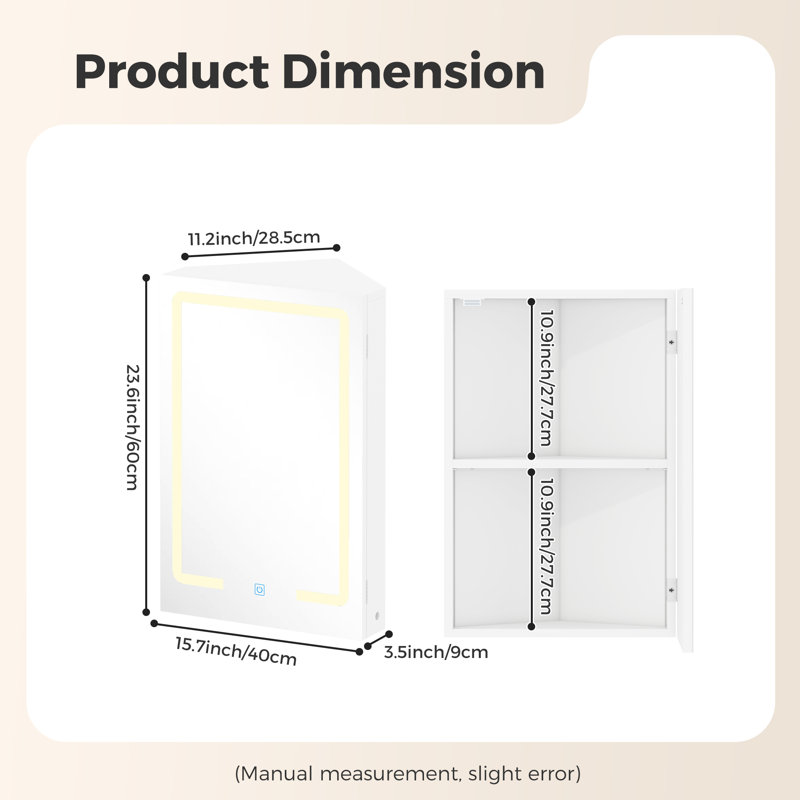 Corner Wall Mounted Bathroom Cabinet with Mirror&LED Light,40x29x60cm, 2 Shelves Single Door Bathroom Mirror Cabinet,Bathroom Storage Unit, Wooden Storage Cupboard for Toilet,Living Room,White
