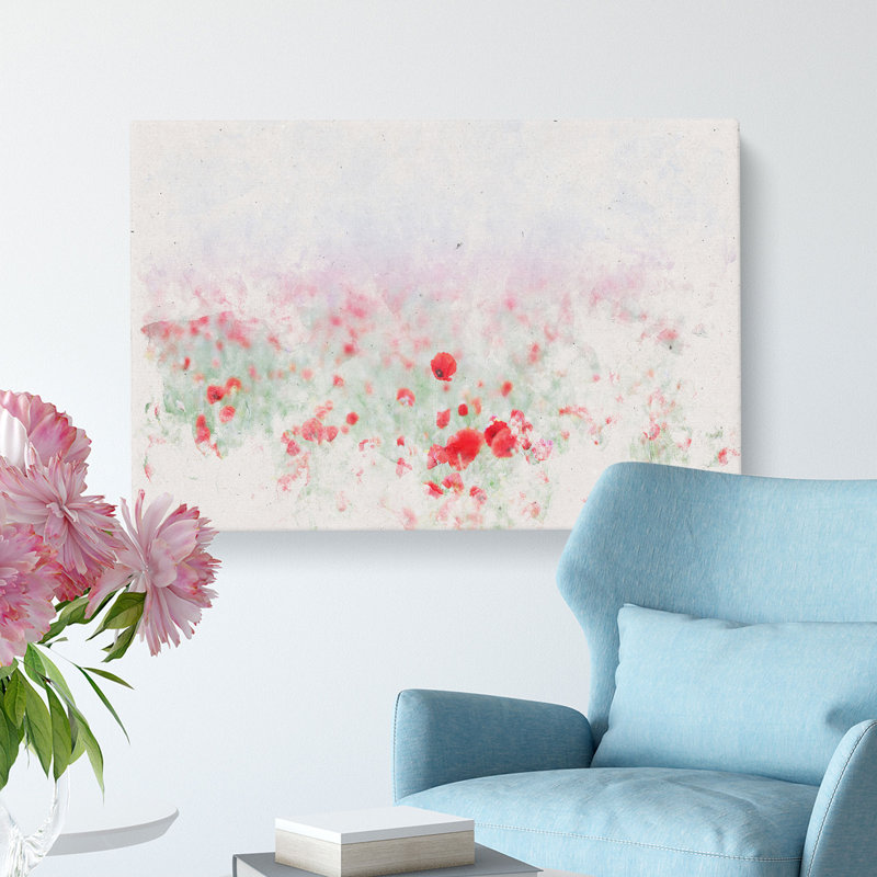 Red Poppy Field in Italy Watercolour - Wrapped Canvas, 60cm H x 91cm W x 3cm D