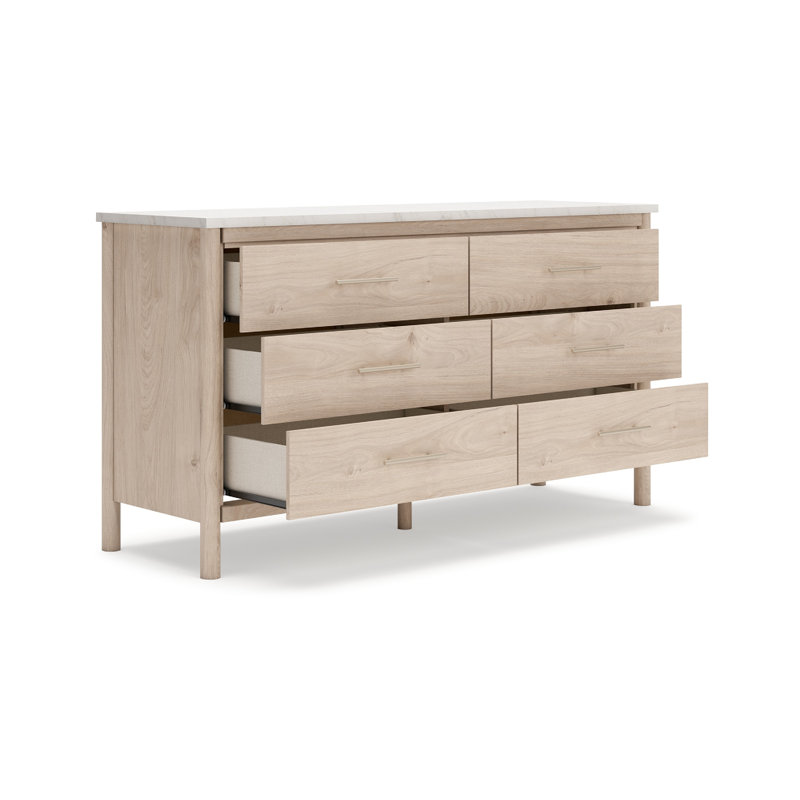 Commode large Mooran, 6 tiroirs, plateau en marbre blanc, Beige brun