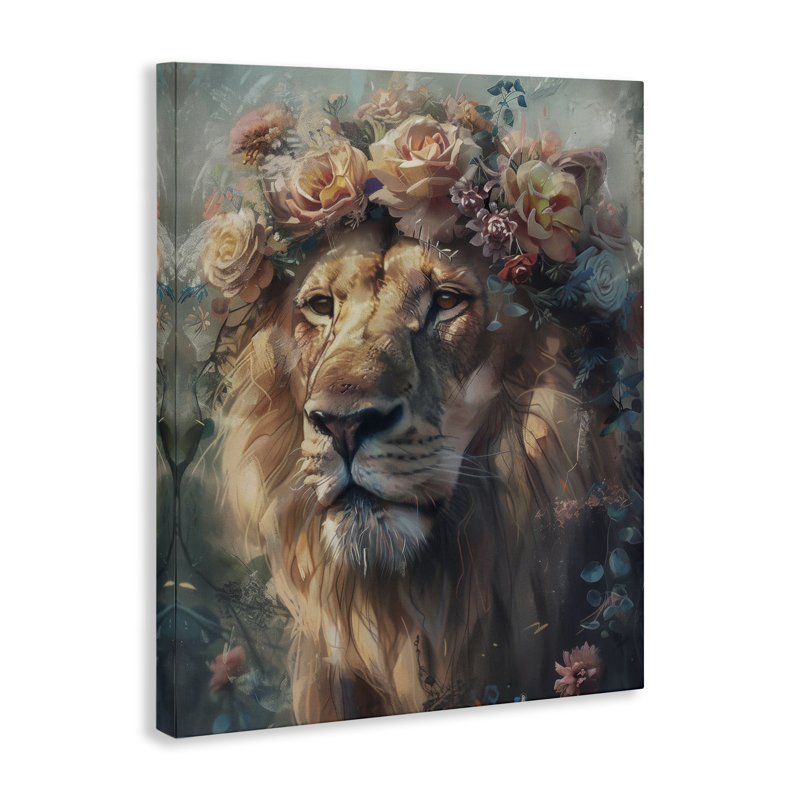 Lion avec une guirlande de roses, design par Arlington Prints, H 30 po x l 24 po