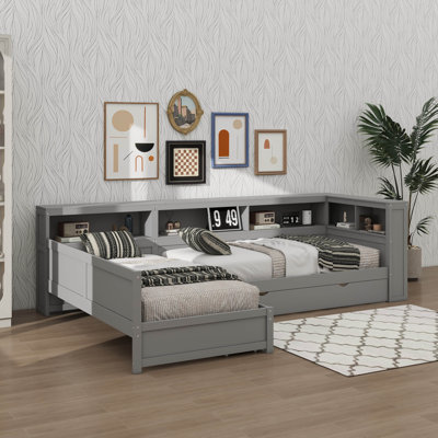Twin-Sized L-Shaped Bed Frame With Trundle And One Drawer
