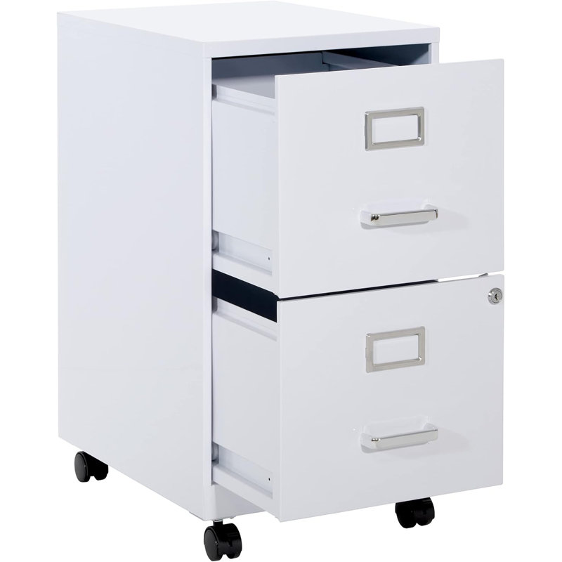 Locking Metal File Cabinet With Mobile Casters For Office Organization And Document Security, White