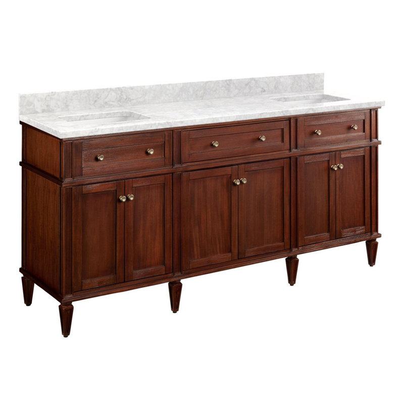 72" Elmdale Double Vanity for Rectangular Undermount Sinks, Antique Brown, Carrara Marble, No Faucet Hole