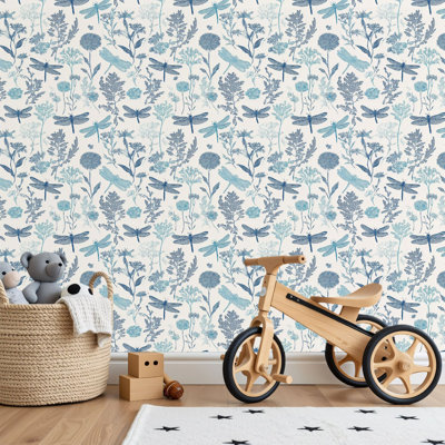 Papier peint auto-adhésif à motif de ferme à motif de libellule bleu botanique auto-adhésif et amovible 17,7 po x 118 po (45 x 300 cm)