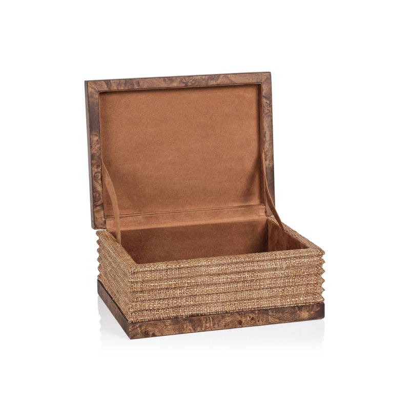 Sabinio Burlwood & Raffia Decorative Box, 4" H x 9" W x 7" D