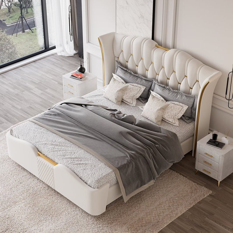 Upholstered Bed Frame With Tufted Wingback Headboard, White