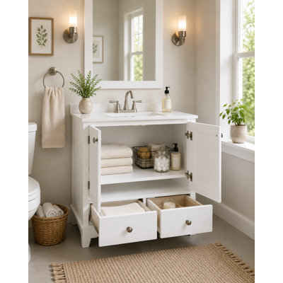 30" Solid Wood Freestanding Bathroom Vanity Cabinet - White Finish, 2 Doors, 2 Drawers, Soft-Close Storage Bathroom Vanity Base (Sink & Countertop Not Included)