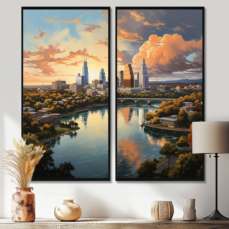 Austin City Cityscape IV - décoration murale orange 2 panneaux, 32" H x 32" W, Impression encadrée flottante, Black